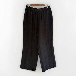 Match Point Linen Pants Wide Leg Crop Black Pockets Pull On Elastic Lagenlook M